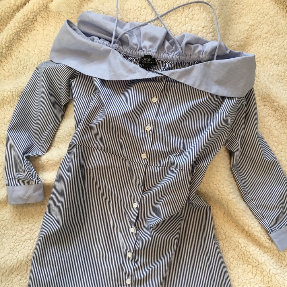 Topshop oxford stripe off shoulder short dress